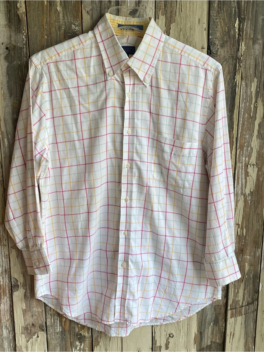 J. McLaughlin 100% cotton pink yellow green plaid striped button down shirt L